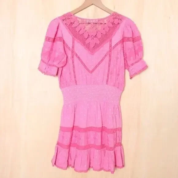 LOVESHACKFANCY Jaislyn Shirred Polka-Dot Cotton Mini‎ Dress Pink Size XS - Picture 4 of 5